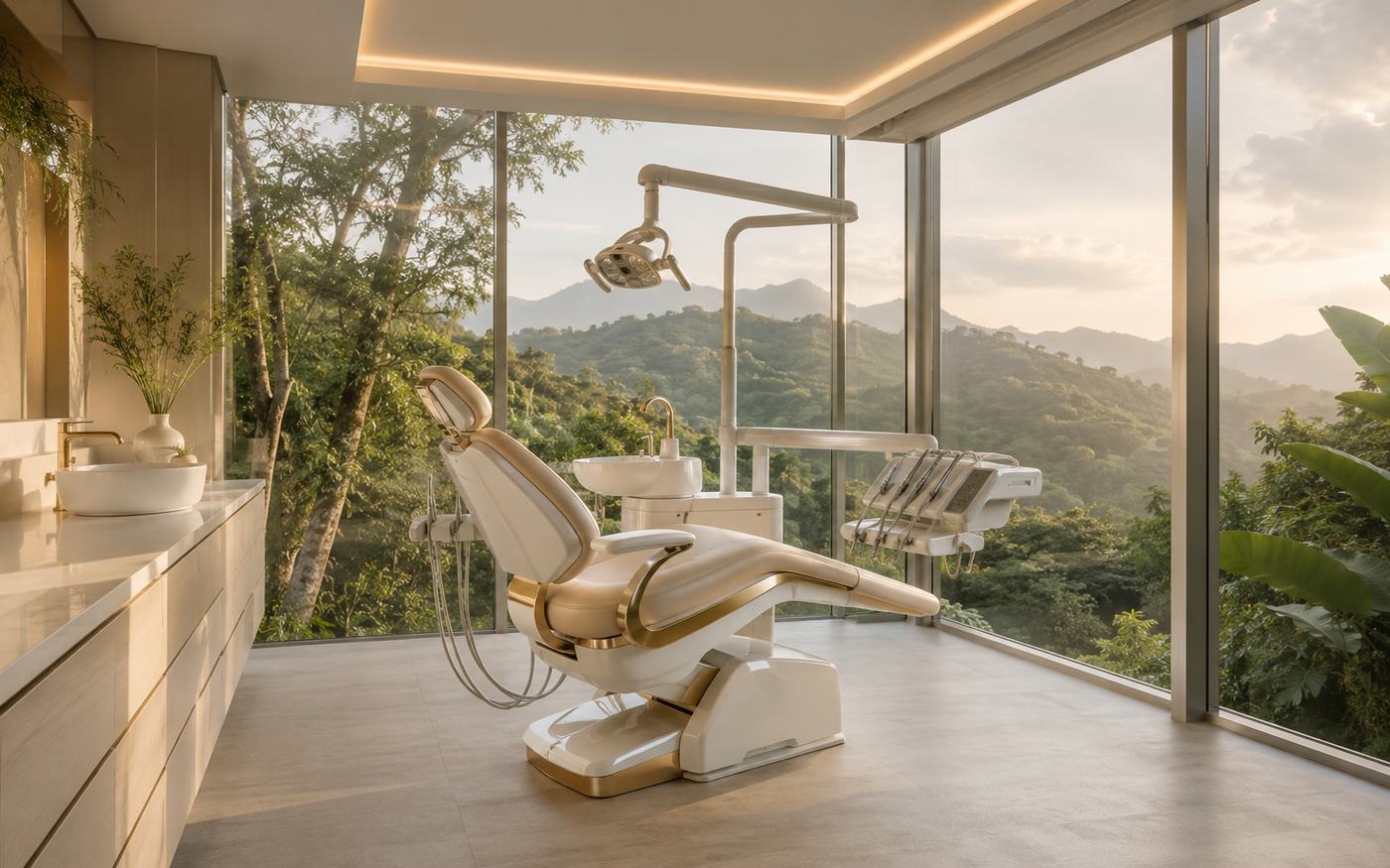 Modern dental treatment room in Colombia with floor-to-ceiling views of green Andean mountains