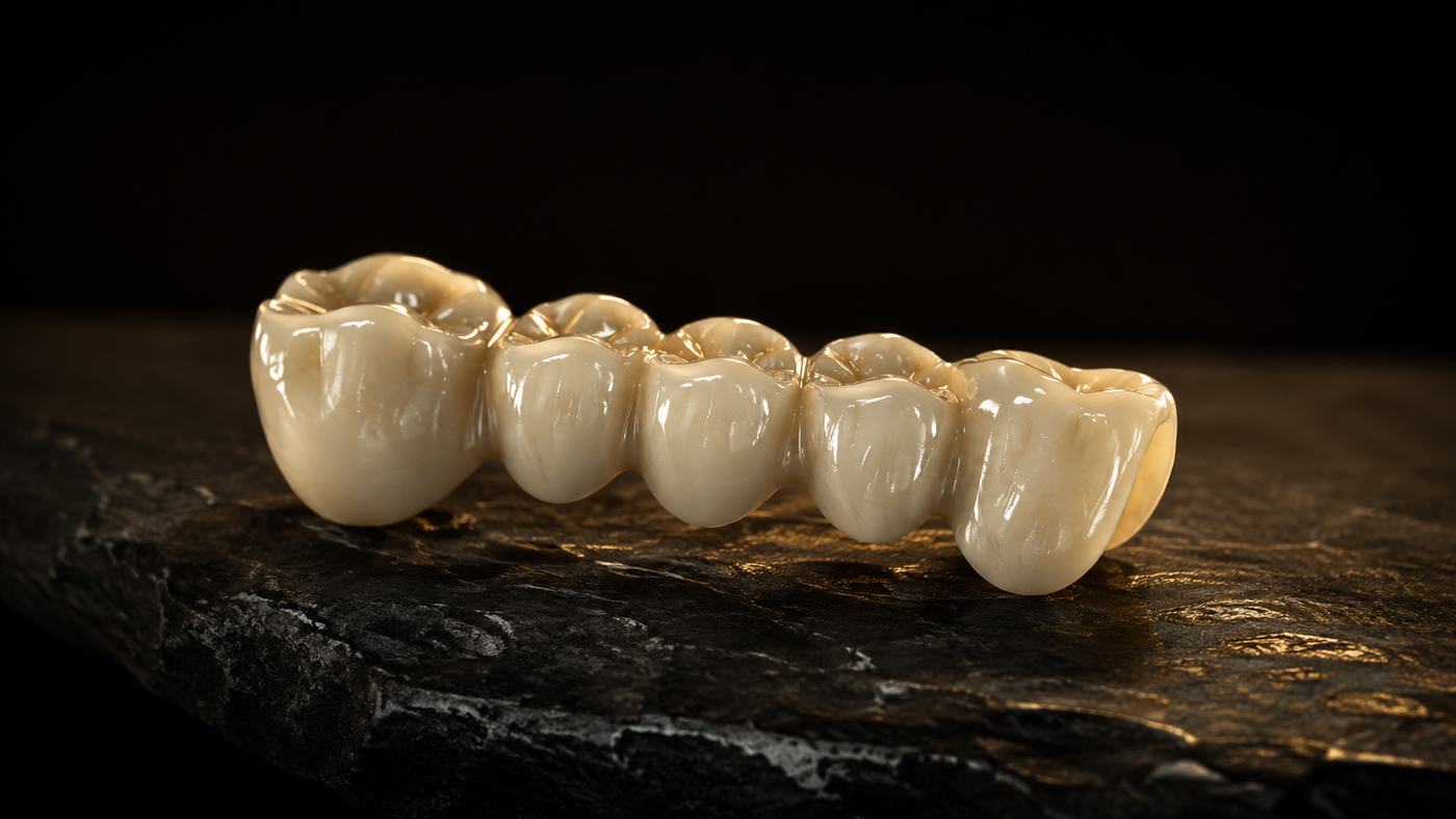 Finished zirconia bridge — the material behind Colombia's full-mouth cosmetic work